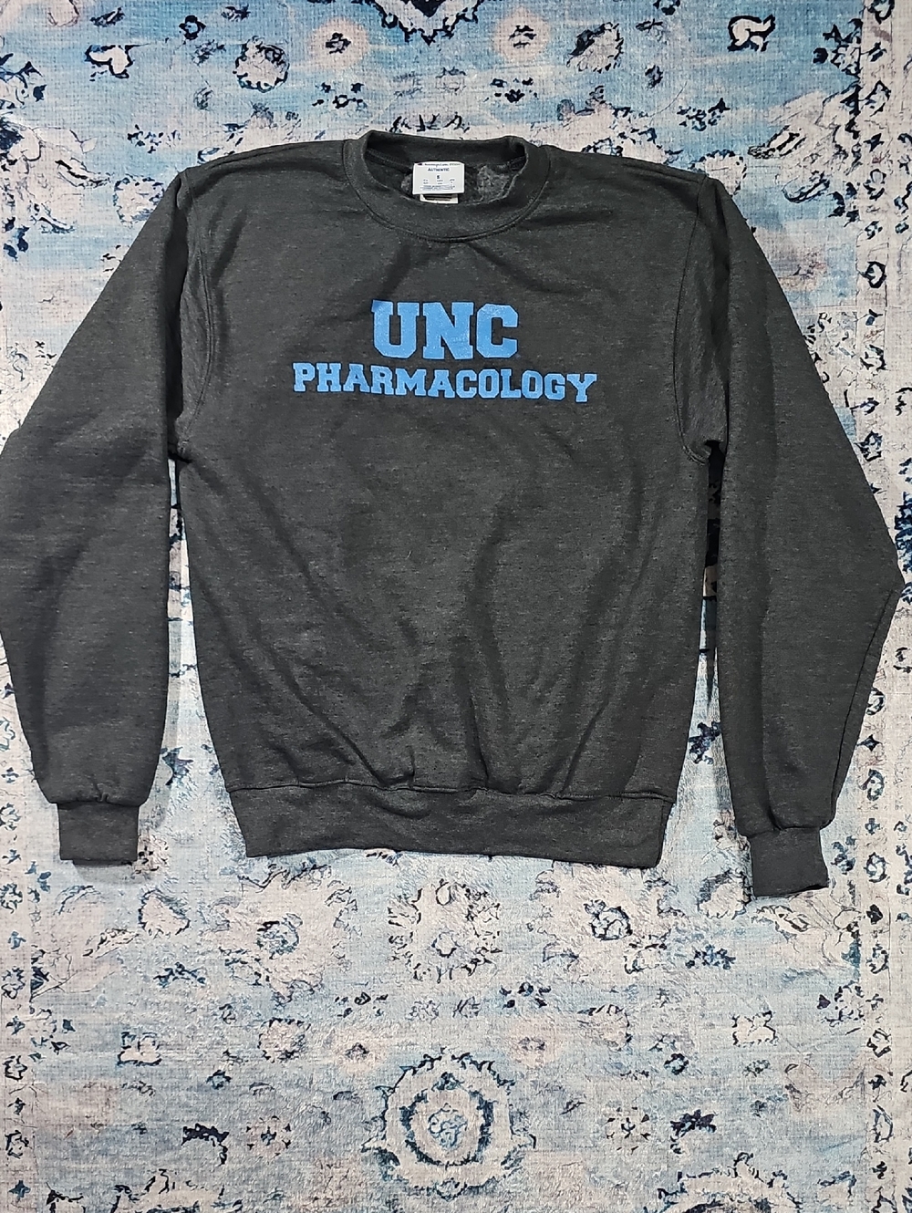 Champion Dark Gray Crewneck Sweatshirt with Light Blue UNC Pharmacology Logo